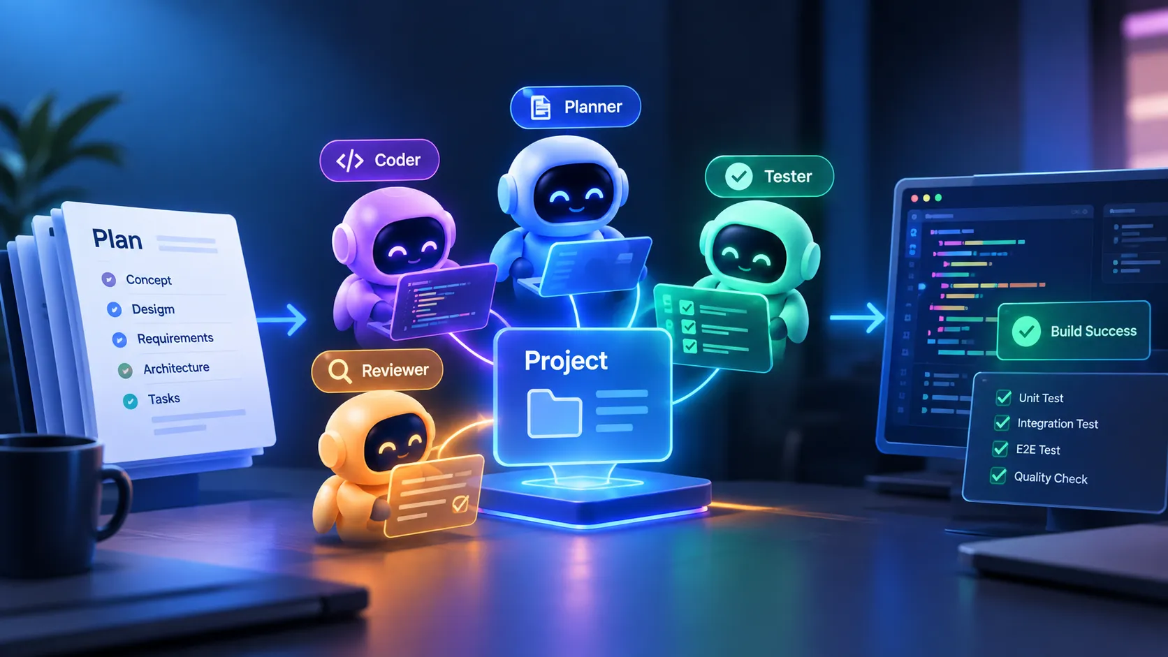 Multiple AI agents collaborating on planning, implementation, testing, and review to build a single project