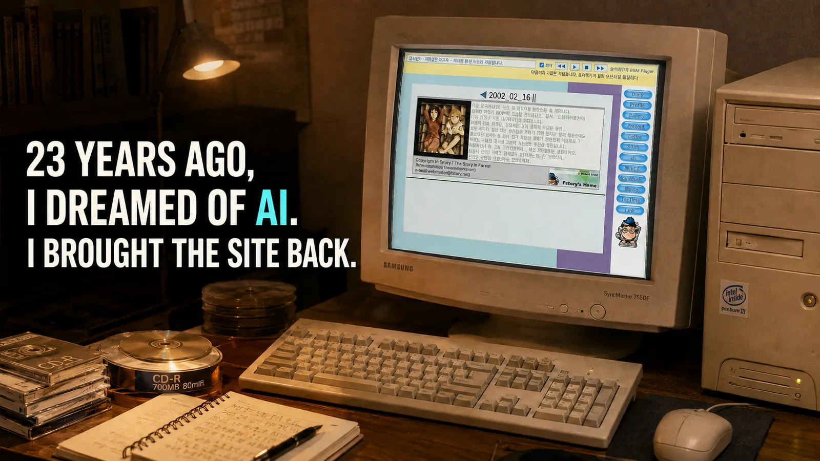 古いCRTモニターに復元された2002年のfstory.netが映し出されている。「23年前、AIを夢見ていたホームページを蘇らせました」